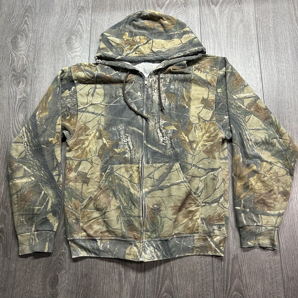 Russell Outdoors Realtree Camo Zip Up Hoodie Mens Medium Y2K Camouflage Fleece